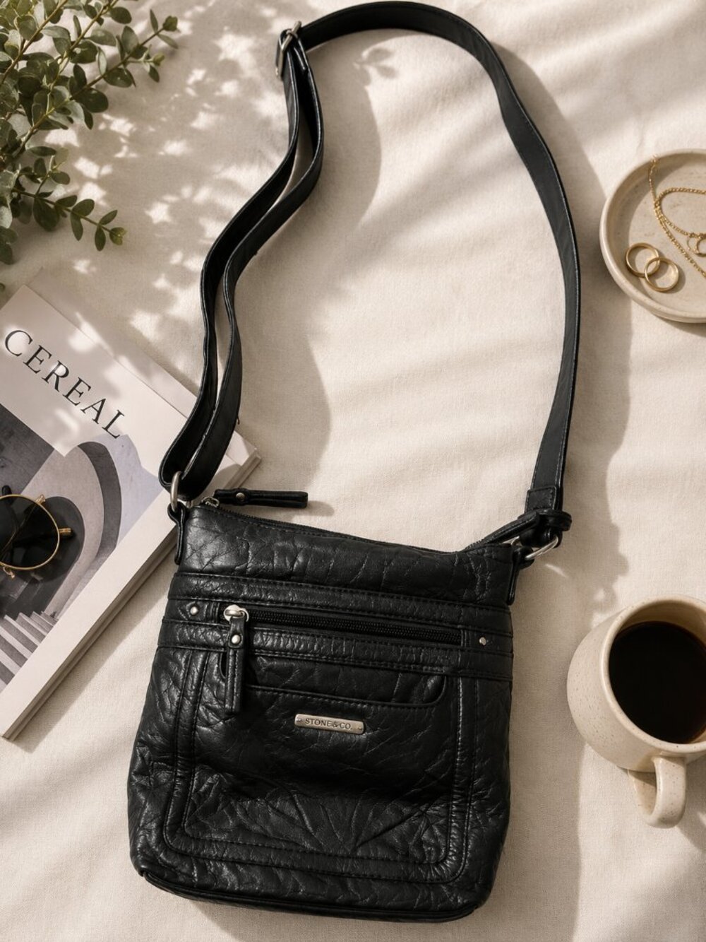 Stone & Co Black Leather Crossbody Everyday Minimalist Purse